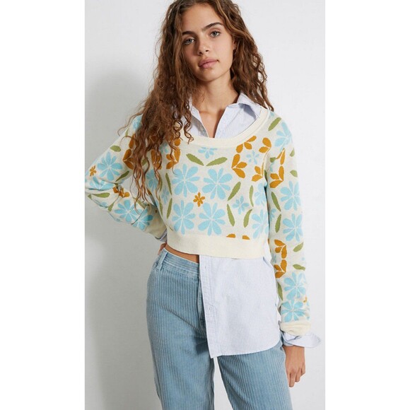 PacSun LA Heart Women's Floral Lazy Day Cropped Sweater Medium Cream Blue Orange - Picture 1 of 6